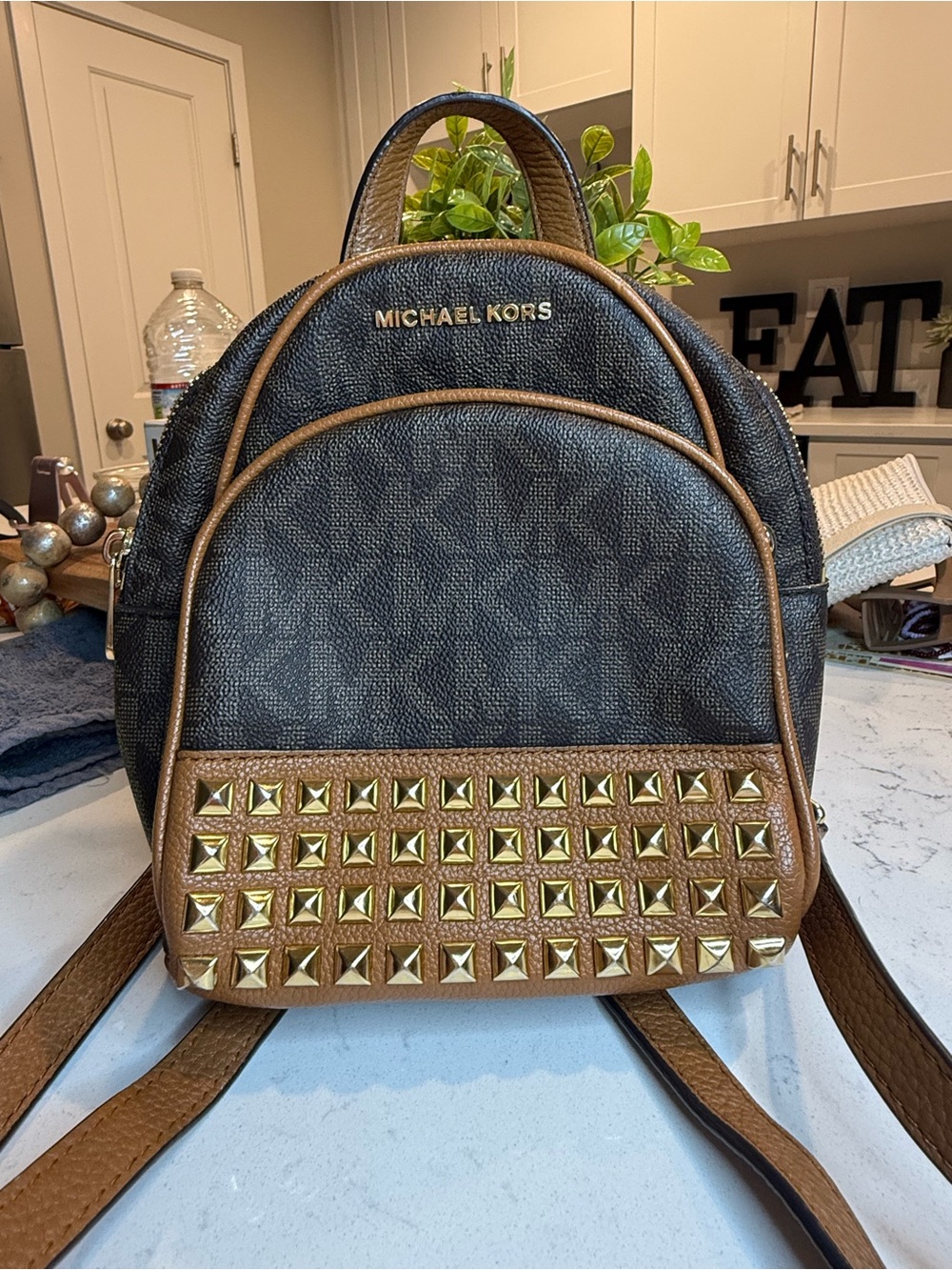 Michael Kors Black and Brown Studded Mini Backpack